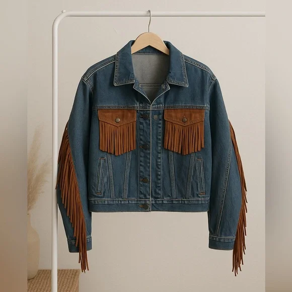 Womens Jean Denim Suede Fringe Western Cowgirl Rodeo Jacket Large Rock n Roll - Picture 1 of 16